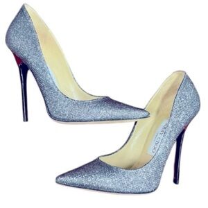 JIMMY CHOO Abel 100mm Pumps in Anthracite Silver Glitter Metallic 34.5